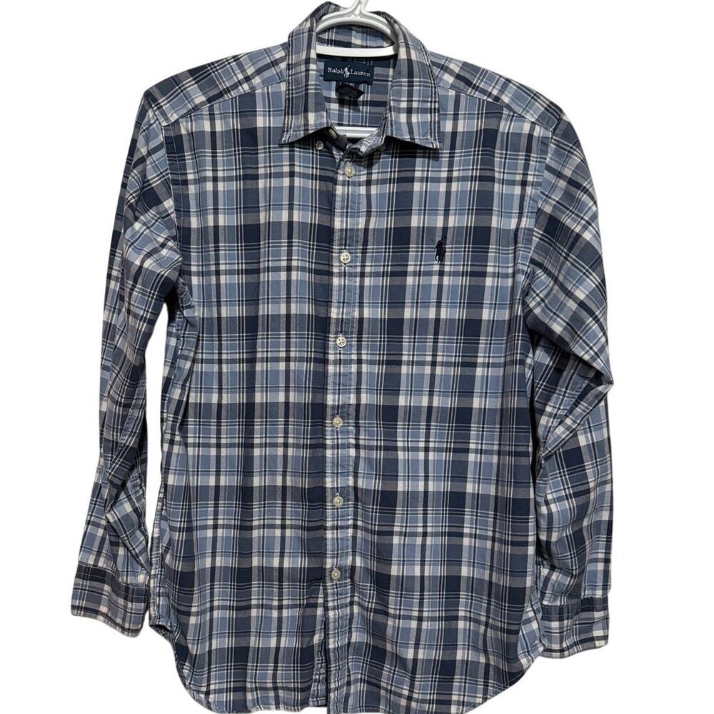 Ralph Lauren Youth Boy's Blue White Plaid Long Sleeve Button Down Shirt Size L